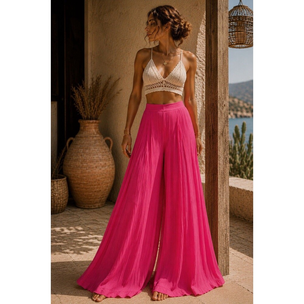Women’s Hot Pink Pleated Wide Leg Wrap Palazzo Pants Boho Resort L - Picture 8 of 16